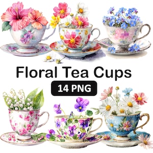 14 Clipart di tazze da tè floreali, set da tè floreale 2, clipart acquerello stampabile, PNG di alta qualità, download digitale, carta artigianale, diari spazzatura