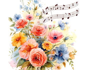 12 Floral Music Notes Clipart, Music Clipart, Printable Watercolor clipart, High Quality JPGs, Digital download, Paper craft, junk journal