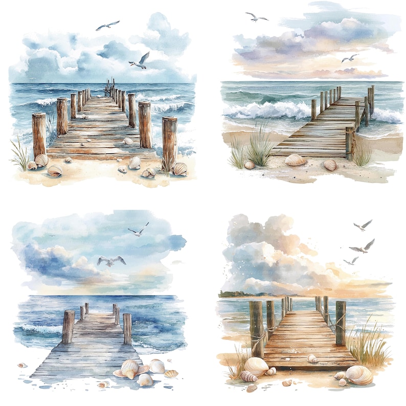 May include: Four watercolor paintings of wooden piers extending into the ocean. Each painting features a different seascape with blue water, white clouds, and a sandy beach. The piers are made of weathered wood and have railings. The paintings are framed in white.