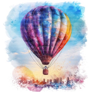 9 Clipart montgolfière, montgolfière au-dessus de la ville, clipart aquarelle imprimable, JPG de haute qualité, téléchargement numérique, créations en papier
