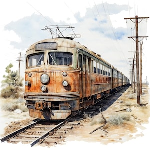 12 Imágenes prediseñadas de tren abandonado, Imágenes prediseñadas de acuarela imprimibles, JPG de alta calidad, Descarga digital, Alta resolución, Artesanía en papel, diarios basura