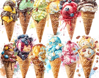 May include: A collection of watercolor-style ice cream cones with various flavors and toppings. The cones feature scoops of ice cream in colors like chocolate, pistachio, berry, and caramel, adorned with nuts, berries, and chocolate drizzle. The image has a bright, colorful aesthetic.