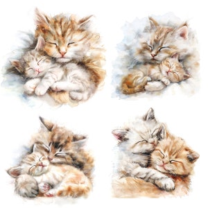 16 schlafende Katze Clipart, druckbare Aquarell Clipart, hochauflösende JPG / PNGs, digitaler Download, Papiermodell, Journal
