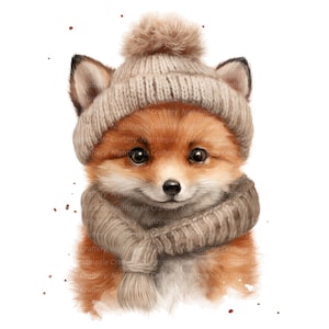 14 clipart renard en bonnet de laine, bébé renard d'hiver, clipart aquarelle imprimable, fichiers JPG de haute qualité, téléchargement numérique, créations en papier, journal indésirable