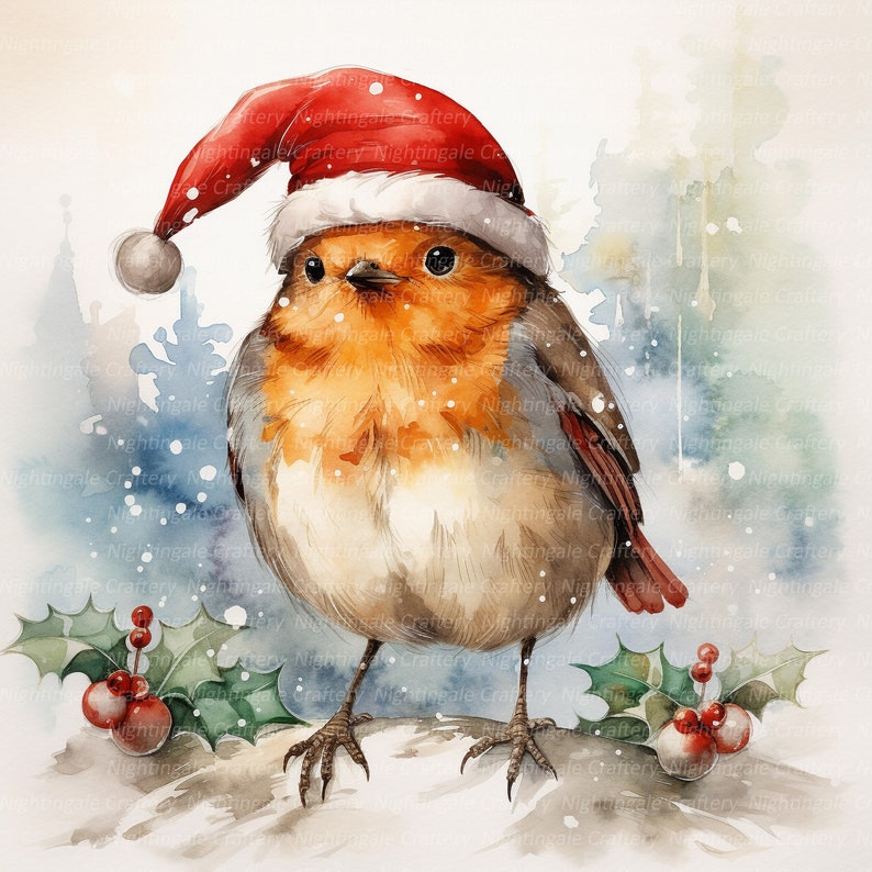 10 Christmas Robin in Hat Clipart, Printable Watercolor Clipart, High ...