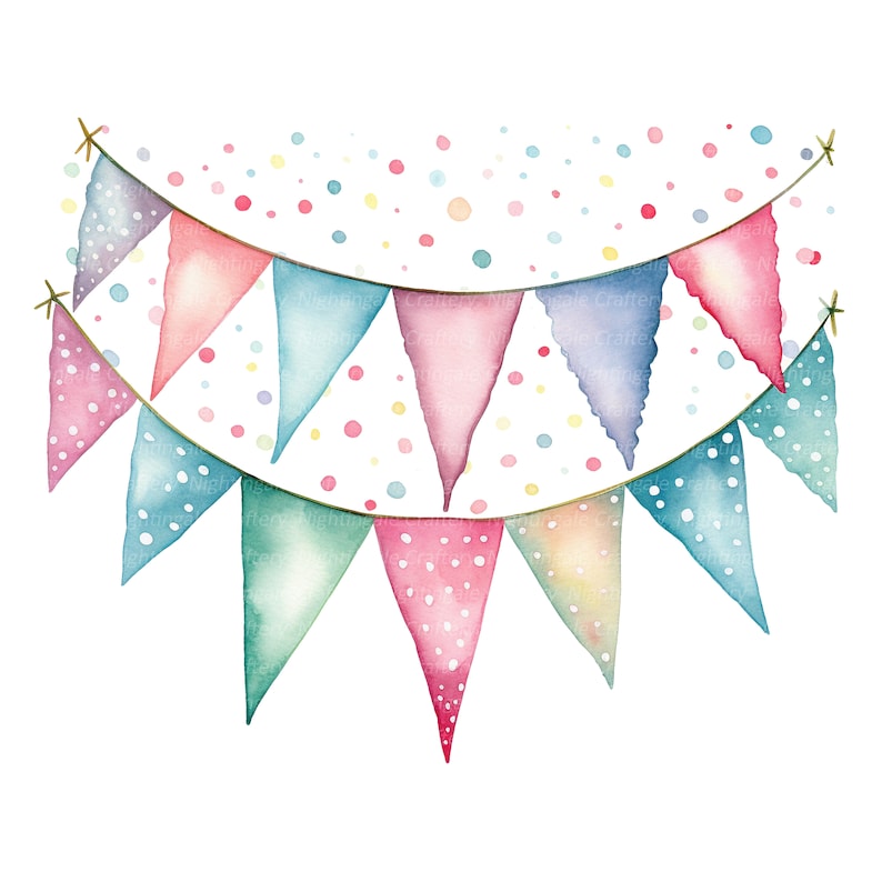 May include: Watercolor illustration of a festive banner with colorful pennant flags. The flags are in shades of pink, blue, green, and yellow, with white polka dots. The background features scattered confetti.