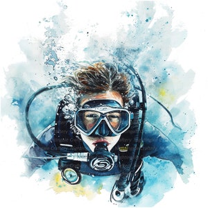 9 Man Diving Clipart, Scuba Diving Clipart, Printable Watercolor clipart, High Quality JPGs, Digital download, Paper craft, junk journals