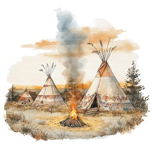 8 clipart de acampamento de aldeia indígena americana, clipart de aquarela para impressão, JPG de alta qualidade, download digital, artesanato em papel, diário de lixo