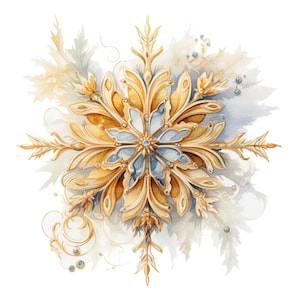 12 Clipart di fiocchi di neve dorati, cartolina di Natale, clipart acquerello stampabile, download digitale, alta risoluzione, artigianato di carta, diario spazzatura