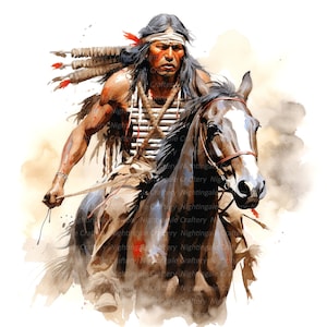 10 Clipart di nativi americani a cavallo, cavaliere, clipart acquerello stampabile, JPG di alta qualità, download digitale, creazione di carta, diario di scarto