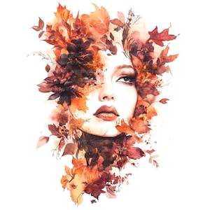 10 herfstbladeren vrouw clipart, bloemen gezicht, afdrukbare aquarel clipart, hoge kwaliteit jpg's, digitale download, Paper Craft, ongewenste tijdschriften
