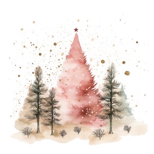 May include: A watercolour painting of a pink Christmas tree in a snowy forest. The tree is decorated with a red star on top and surrounded by smaller evergreen trees. The background is a white canvas with gold glitter.
