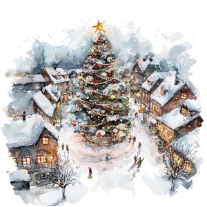 12 cliparts de carte de Noël, carte de ville de sapin de Noël, clipart aquarelle imprimable, fichiers JPG de haute qualité, téléchargement numérique, créations en papier, journal