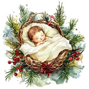 7 Christmas Baby Clipart, Jezus Kartka świąteczna, Wydrukowalne cliparty akwarelowe, Wysokiej jakości JPG/PNG, Pobieranie cyfrowe, Rękodzieło papierowe, dziennik