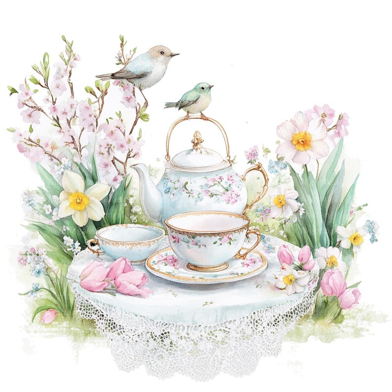13 Charming Spring Clipart, Tea Party Clipart, Printable Watercolor ...