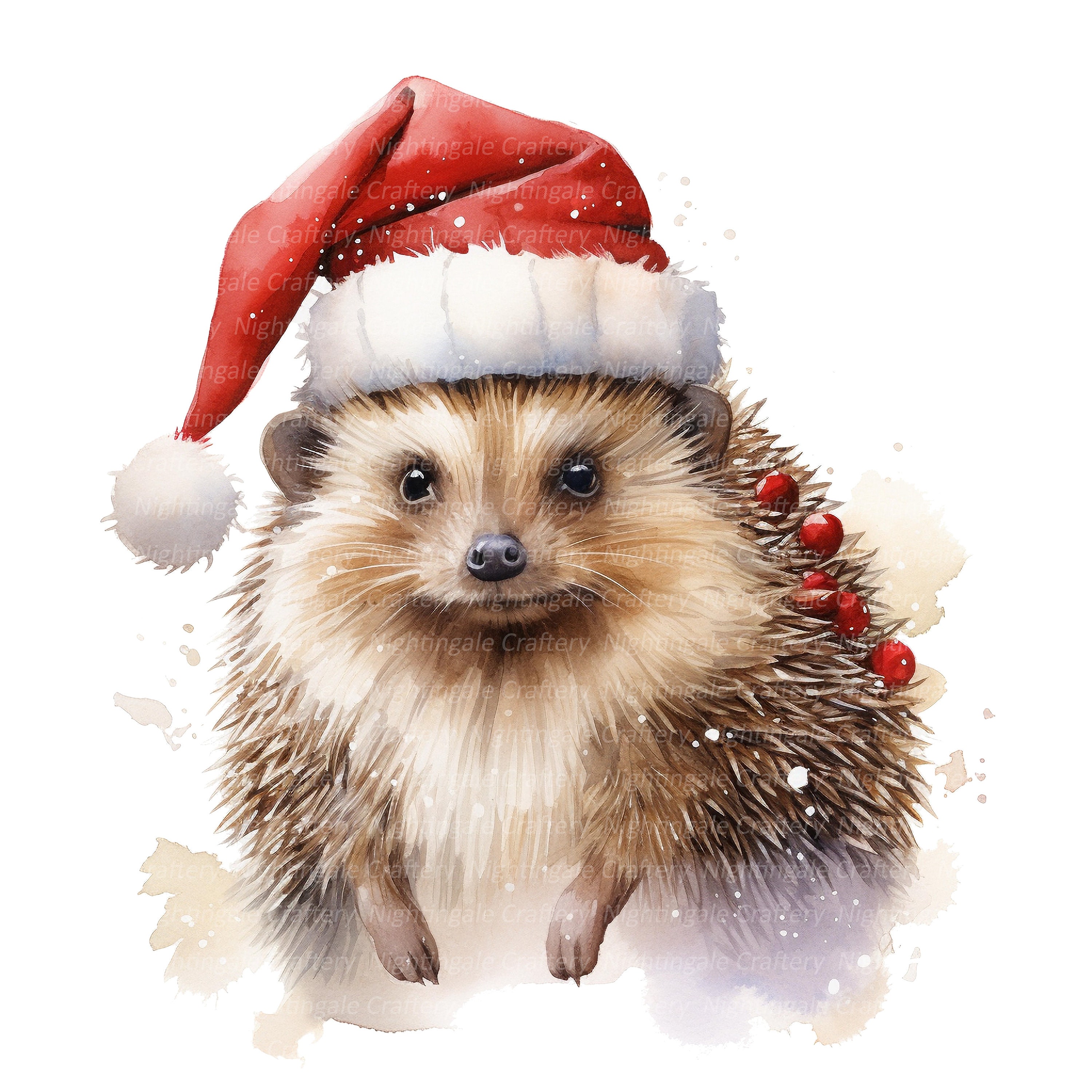 10 Hedgehog with Santa Hat Clipart, Printable Watercolor clipart, High Quality JPGs, Digital download, Paper craft, junk journals