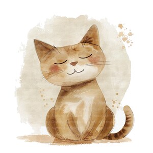 May include: A watercolor illustration of a brown tabby cat with closed eyes, sitting on a light brown background with brown watercolor splatters.