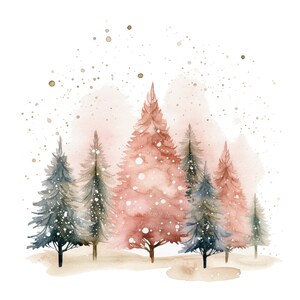 May include: Watercolour painting of a winter forest scene with a pink and brown colour scheme. The trees are silhouetted against a light pink background with white dots representing snow.