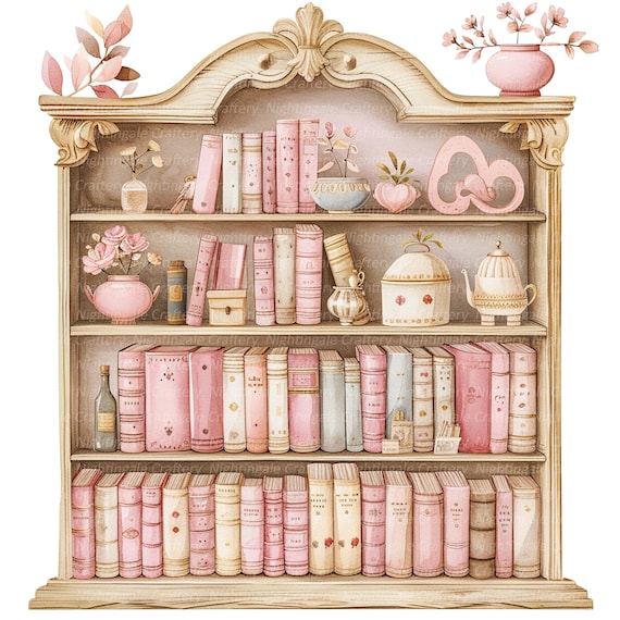 9 Prinzessin Bücherregal Clipart, rosa Bücherregal, druckbare Aquarell Clipart, hochwertige PNGs, digitaler Download, Papiermodell, Junk Journals