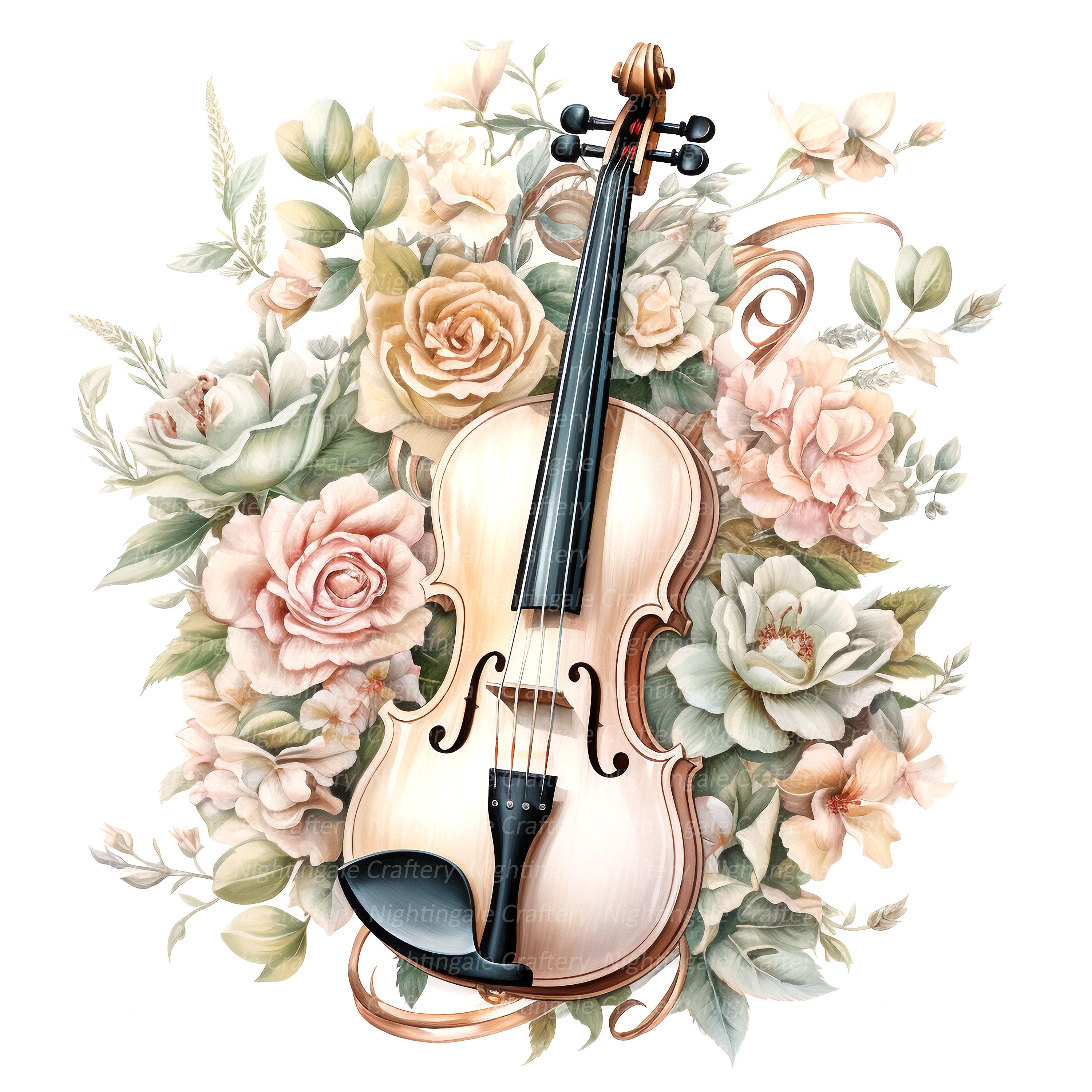 10 Vintage Floral Violin Clipart, Violin Print, Printable 