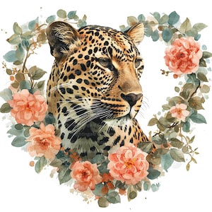 10 clipart de leopardo floral, guirlanda em formato de coração, clipart em aquarela para impressão, JPG de alta qualidade, download digital, artesanato em papel, diário de lixo eletrônico