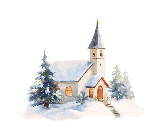 Watercolor Christmas Church Clipart: Winter Landscape JPGs (Digital Download)