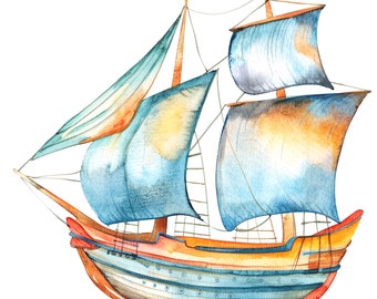 10 Cartoon Ship Clipart, Nursery Ship Clipart, Printable Watercolor clipart, High Quality JPGs, Digital download, Paper craft, journaling