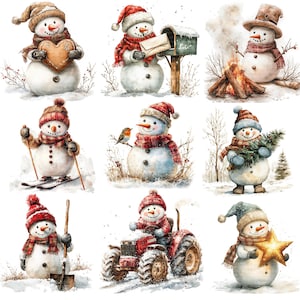 40 imágenes prediseñadas de muñecos de nieve variados, paquete navideño, imágenes prediseñadas de acuarela imprimibles, PNG de alta calidad, descarga digital, manualidades en papel, etiquetas de regalo
