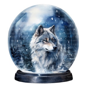May include: A watercolor painting of a snow globe with a white wolf inside. The wolf is looking to the right and has blue eyes. The snow globe is on a black base and has a blue and white background with a snowy forest scene.