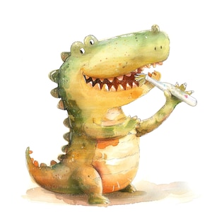 10 cliparts de brossage de dents de crocodile, clipart aquarelle imprimable, fichiers JPG de haute qualité, téléchargement numérique, créations en papier, journaux indésirables