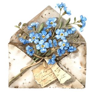 10 Forget Me Not In Envelope Clipart, Floral Envelope, Printable Watercolor clipart, High Quality JPGs, Digital download, Paper craft