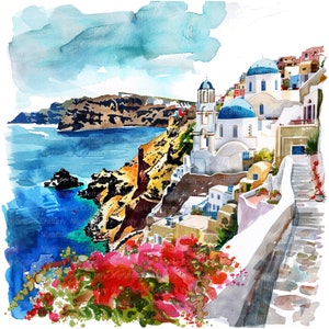 10 cliparts de Santorin, paysage de Grèce, clipart aquarelle imprimable, fichiers JPG de haute qualité, téléchargement numérique, créations en papier, journal indésirable