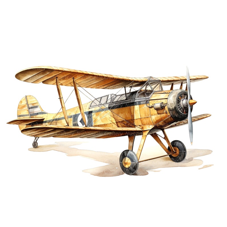 Puede incluir: Un avi&oacute;n biplano amarillo y negro con una h&eacute;lice. El avi&oacute;n est&aacute; en tierra con sus ruedas visibles. El avi&oacute;n tiene una cabina azul oscuro y una franja azul oscuro en el lateral.
