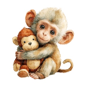 Könnte beinhalten: Aquarellillustration eines Baby-Affen, der einen Stoffaffen umarmt. Der Baby-Affe hat hellbraunes Fell, große braune Augen und große Ohren. Der Stoffaffe ist braun und hellbraun. Das Bild hat einen weißen Hintergrund.