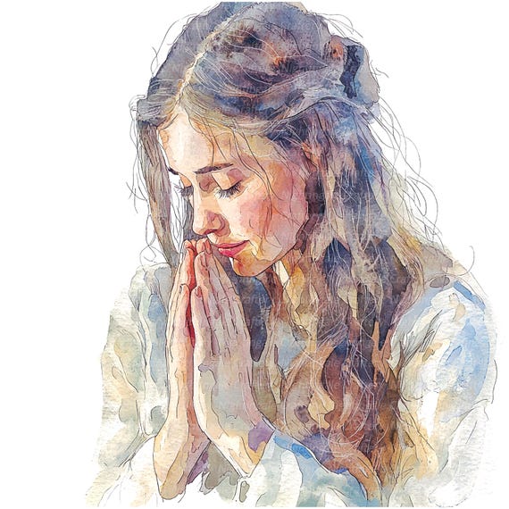 聖書に登場する祈る女性のイラスト8点セット2、祈り、印刷可能な水彩画