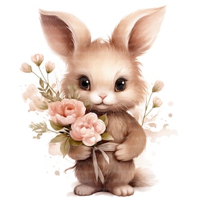 12 Bunny mit Blumen Clipart, Bunny Bouquet, druckbare Aquarell Clipart, hochwertige JPGs, digitaler Download, Papiermodell, Junk Journals