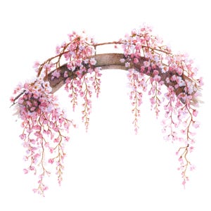 Può includere: Illustrazione ad acquerello di un ramo di legno curvo adornato da fiori di ciliegio rosa a cascata. I delicati fiori e rami creano una forma ad arco, perfetta per composizioni floreali o design a tema primaverile.