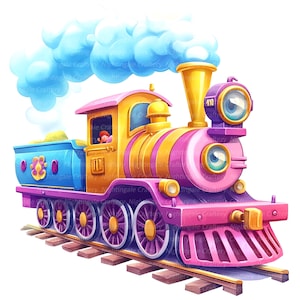 12 Cartoon Locomotives Clipart, Train Clipart, Printable Watercolor clipart, High Quality JPGs, Digital download, Paper craft, junk journal