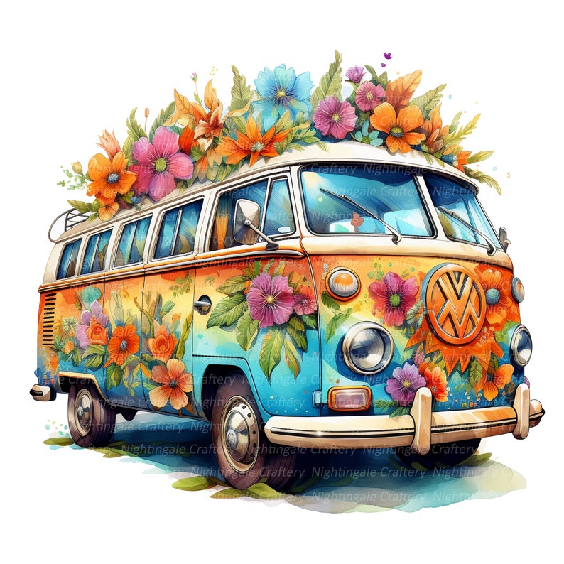 10 Floral Hippie Bus Clipart, Hippie Van, Printable Watercolor clipart, High Quality JPGs, Digital download, High Resolution, Paper craft image 8