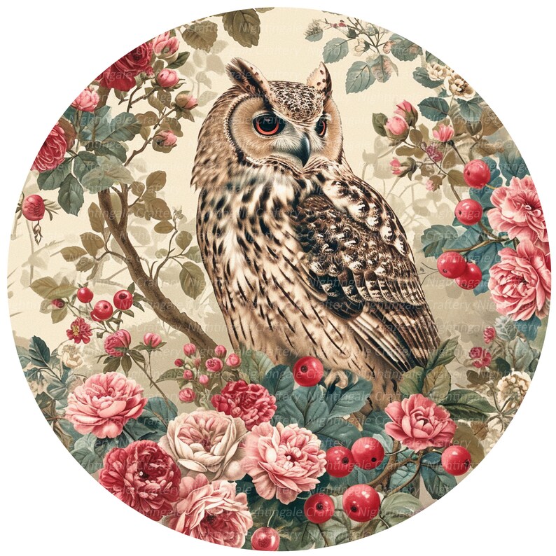 Peut inclure: Un hibou brun et blanc perch&eacute; sur une branche avec des fleurs roses et rouges. Le hibou a les yeux jaunes et est entour&eacute; de feuilles vertes.