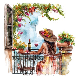 11 vrouw op terras clipart, wijn clipart, afdrukbare aquarel clipart, hoge kwaliteit jpg's, digitale download, Paper Craft, ongewenste tijdschriften