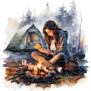 14 imágenes prediseñadas de camping para mujeres, camping con tiendas de campaña, imágenes prediseñadas de acuarela imprimibles, JPG de alta calidad, descarga digital, artesanía en papel, diario basura