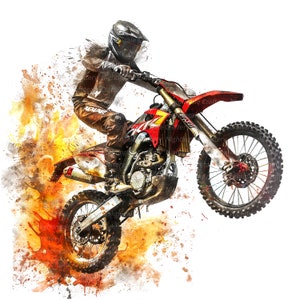 May include: A red and white dirt bike with a rider in a black and white helmet and racing suit. The bike is in mid-air with a splash of orange and yellow paint behind it.