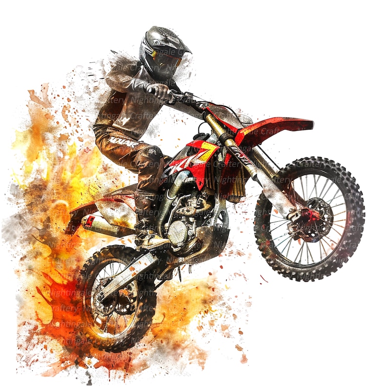 May include: A red and white dirt bike with a rider in a black and white helmet and racing suit. The bike is in mid-air with a splash of orange and yellow paint behind it.