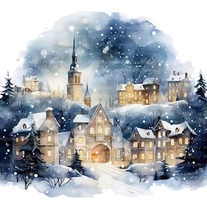 14 Weihnachtsdorf Clipart, Weihnachtskarte, druckbare Aquarell Clipart, hochwertige PNGs, digitaler Download, Papiermodell, Junk Journal