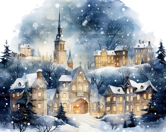 May include: A watercolor painting of a snowy village with a tall church steeple in the center. The houses are all lit up with warm yellow lights, and the snow is falling softly. The painting is done in a whimsical style, with a touch of magic.