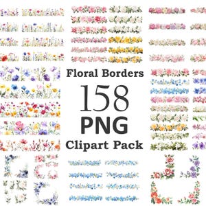 158 PNGs Floral Borders Corners Bundle, Flowers Clipart Pack, Printable Watercolor clipart, High Quality PNG, Digital download, junk journal