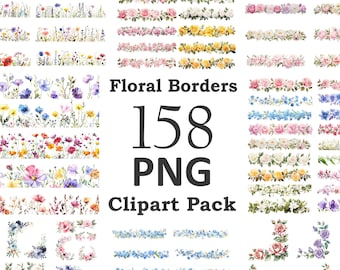 May include: A digital download of 158 watercolor floral borders in PNG format. The borders feature a variety of flowers, including roses, daisies, and forget-me-nots, in shades of pink, blue, yellow, and white.