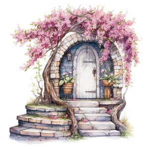12 Fairy Doors Clipart, Fairy Trappen, Afdrukbare aquarel clipart, Hoge kwaliteit PNG's, Digitale download, Papercraft, junk tijdschriften