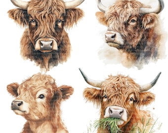13 Highland Cow Clipart, Farm Cow Clipart, Printable Watercolor clipart, High Quality JPGs, Digital download, Paper craft, junk journals